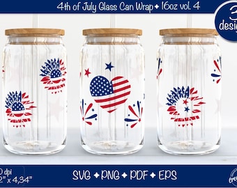 Can Glass Wrap svg Party in the USA SVG, 4th Of July Libbey American Sunflower Can Shaped Beer Glass 16 oz cut file for Cricut