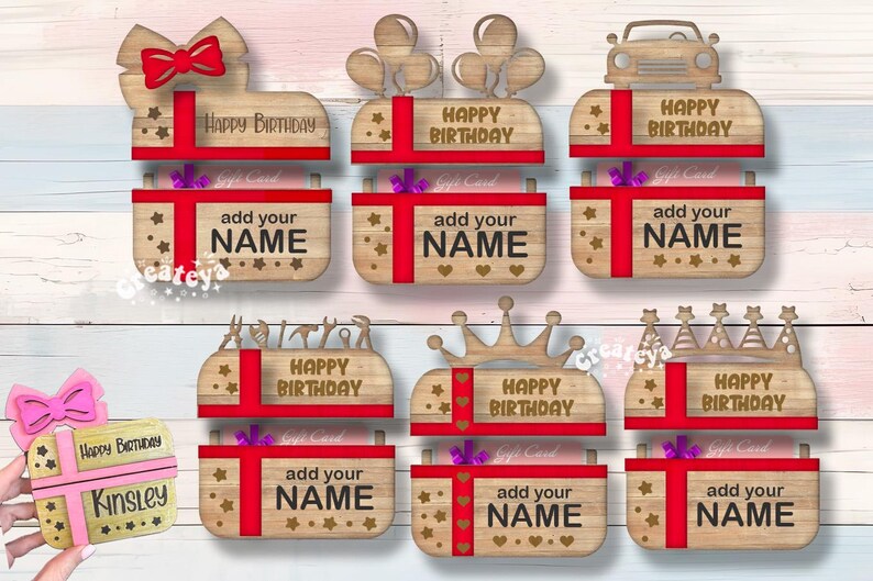 May include: Ten wooden gift box toppers with a red ribbon, balloons, a car, and a crown. Each topper has a "Happy Birthday" message and a space to add a name.