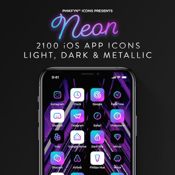 2100 Pink Blue Neon iOS iPhone App Icon Pack | Purple | Electric Blue | Violet | Magenta 80s Aesthetic Icon Covers