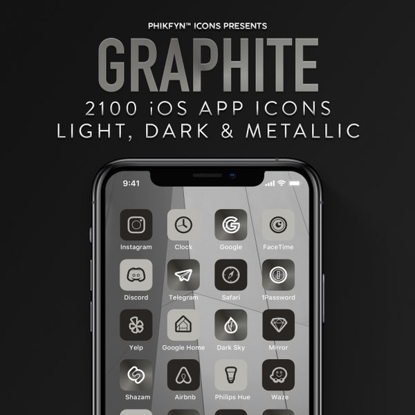 2100 Grey Graphite App Icons Pack For iPhone iOS, Minimalist iOS Icons, Premium Grey Metal Aesthetic Theme