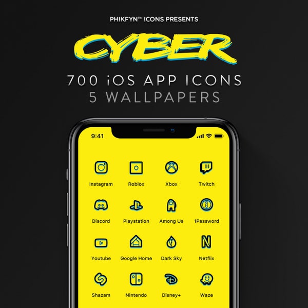 700 Cyberpunk Inspired iOS iPhone App Icons Pack & Wallpapers | Yellow Black Aesthetic