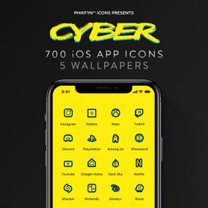 700 Cyberpunk inspiriert iOS iPhone App Icons Pack & Wallpapers | Gelb Schwarz Ästhetik