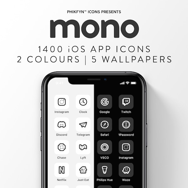 1400 Black And White iOS iPhone Minimalist App Icons pack |  Mono | Custom Aesthetic Covers