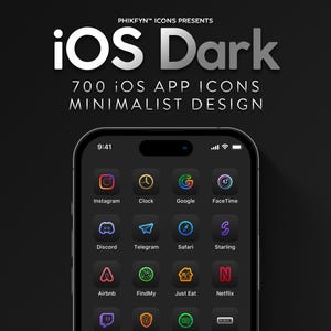 May include: A black iPhone screen displaying a grid of colourful app icons with names such as Instagram, Clock, Google, FaceTime, Discord, Telegram, Safari, Starling, Airbnb, FindMy, Just Eat, and Netflix. The text "iOS Dark 700 iOS App Icons Minimalist Design" is displayed at the top of the screen.