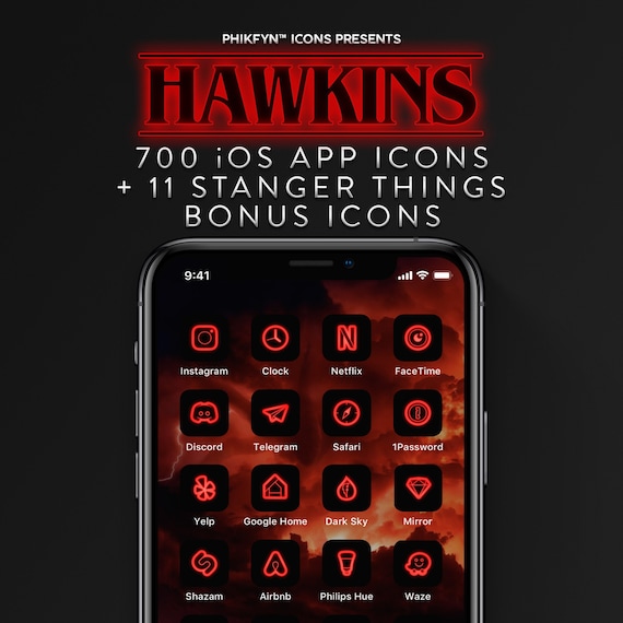 700 Stranger Things Inspired iOS iPhone Icons Pack  | Social Media | Halloween | Red | Black | Glow | Dark | 80s Aesthetic Icons