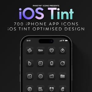 Könnte beinhalten: Ein schwarzer iPhone-Bildschirm zeigt ein Raster mit 20 App-Symbolen mit weißen Umrissen. Die Symbole sind für Apps wie Uber Eats, Dyme und Instagram. Der Text "iOS Tint" wird oben auf dem Bildschirm in einem Farbverlauf von Lila und Blau angezeigt.