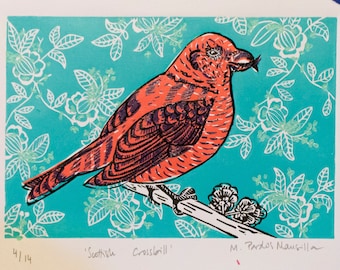 Scottish Crossbill Bird Print  | Original print | Linocut print | Animal print  | Gift | Gift for her | Gift for him | House warming gift