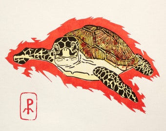 Hawksbill turtle lino print | Original print | Linocut print | Animal print  | Gift | Gift for her | Gift for him | House warming gift