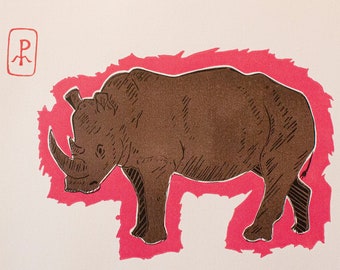 Rhino lino print | Original print | Linocut print | Animal print  | Gift | Gift for her | Gift for him | House warming gift