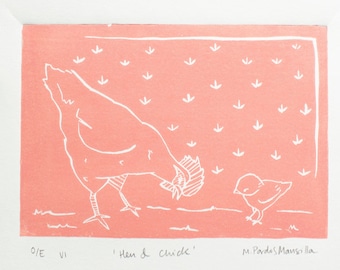 Hen &Chick Print | Original print | Linocut print | Animal print  | Gift | Gift for her | Gift for him | House warming gift