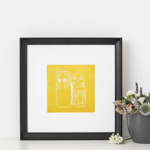 Idols Prehistory Print Original print Linocut print Portrait Gift Gift for her Gift for him House warming gift Yellow