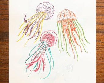 Jellyfish lino print | Original print | Linocut print | Animal print  | Gift | Gift for her | Gift for him | House warming gift