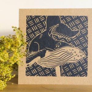Whale Greeting Card Handprinted card Whale print Original print Gift Postcard Greeting card Lino print Recycled materials image 3
