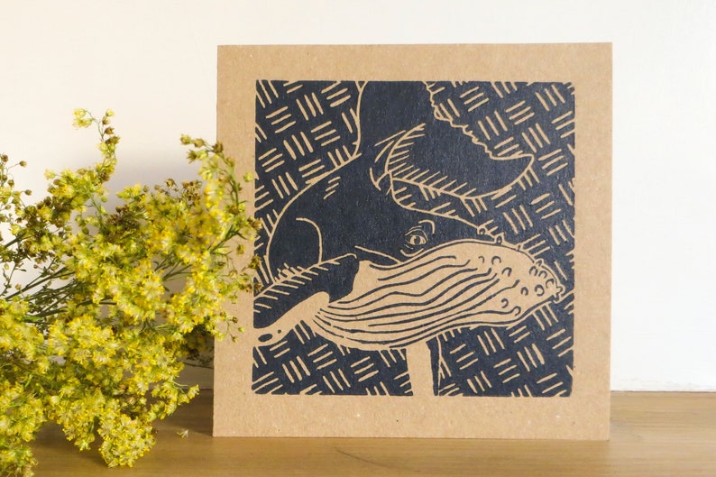 Whale Greeting Card Handprinted card Whale print Original print Gift Postcard Greeting card Lino print Recycled materials image 3