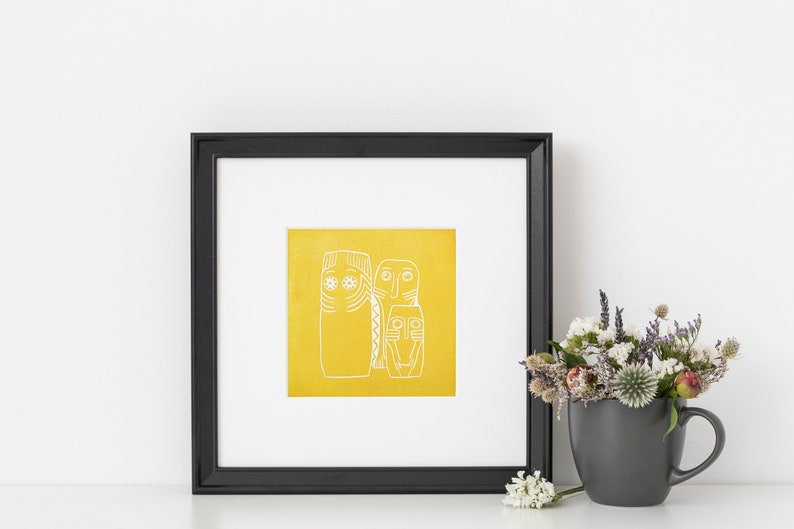 Idols Prehistory Print Original print Linocut print Portrait Gift Gift for her Gift for him House warming gift Yellow