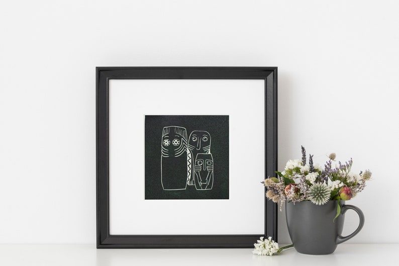 Idols Prehistory Print Original print Linocut print Portrait Gift Gift for her Gift for him House warming gift Green