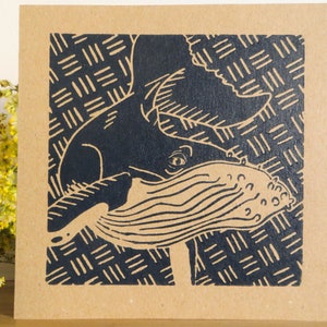 Whale Greeting Card Handprinted card Whale print Original print Gift Postcard Greeting card Lino print Recycled materials image 1