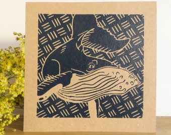 Whale Greeting Card| Handprinted card| Whale print| Original print| Gift| Postcard| Greeting card| Lino print| Recycled materials