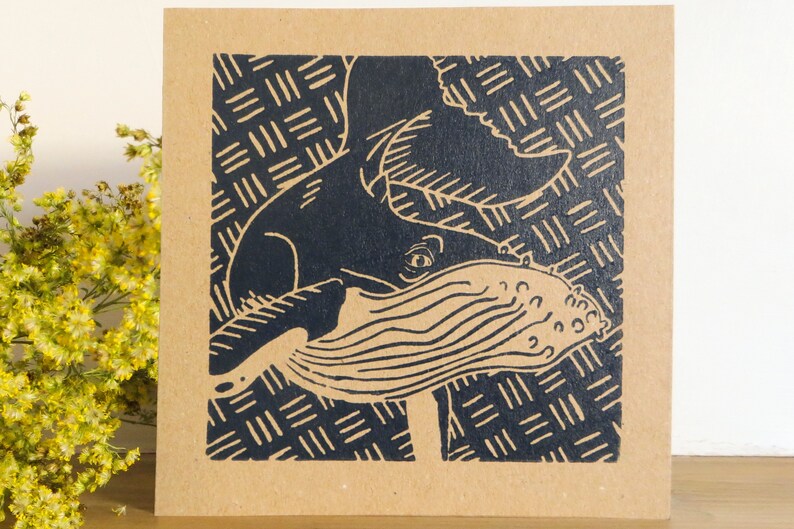 Whale Greeting Card Handprinted card Whale print Original print Gift Postcard Greeting card Lino print Recycled materials image 1