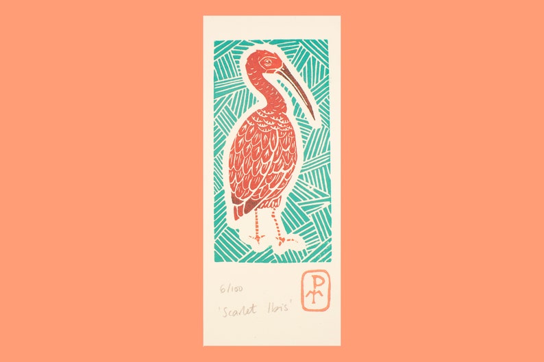 Scarlet Ibis Bird Print Original print Linocut print Animal print Gift Gift for her Gift for him House warming gift image 2