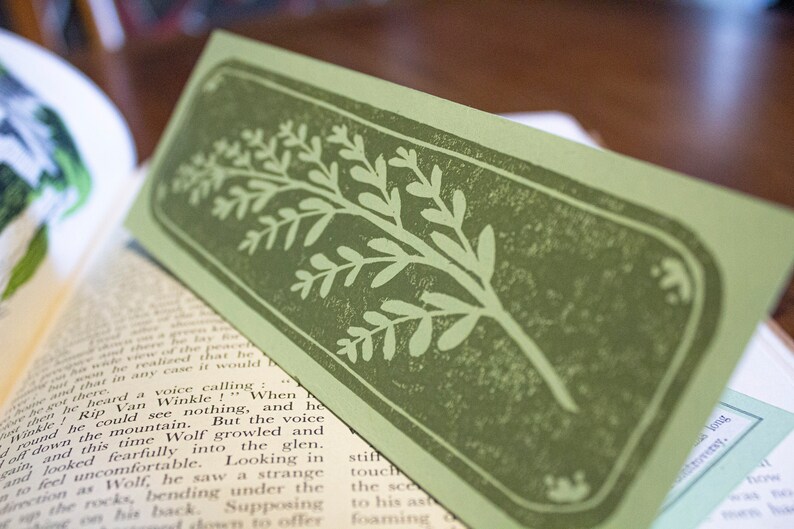 Personalised handprinted Bookmark: Library card Fern leaf image 1