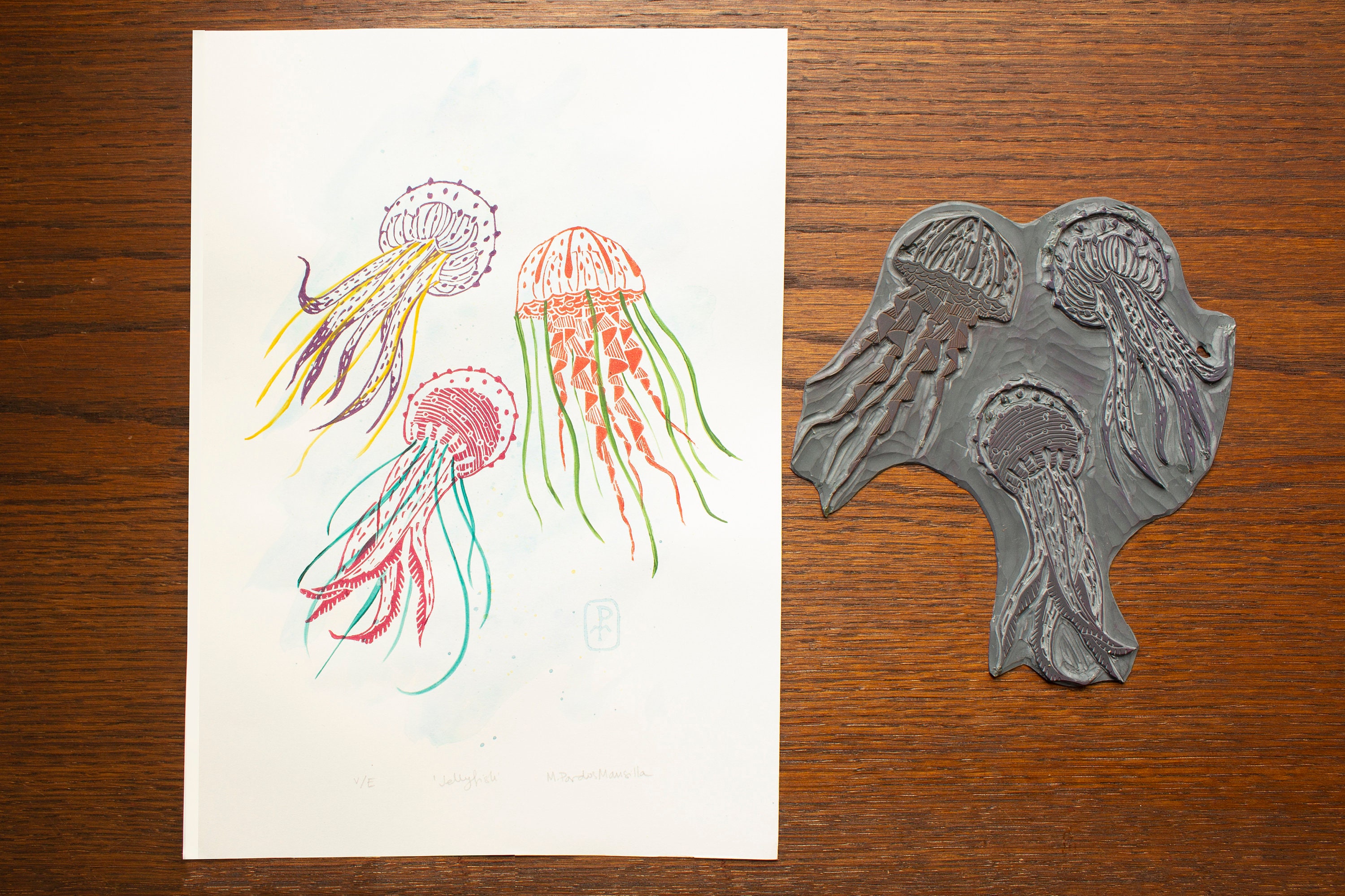 Jellyfish lino print Original print Linocut print Animal Etsy