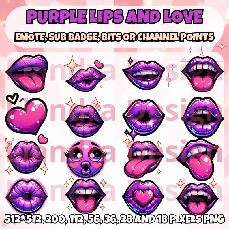 Purple Lips Twitch Sub Badges & Emotes Kawaii Twitch Discord Youtube Facebook Stream Emote Lip