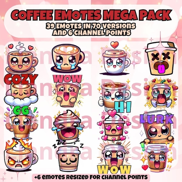 Coffee Twitch Emotes mega pack with 39 emotes in 70 versions - Discord Youtube Facebook emote - coffee channel points, sub badges and bits