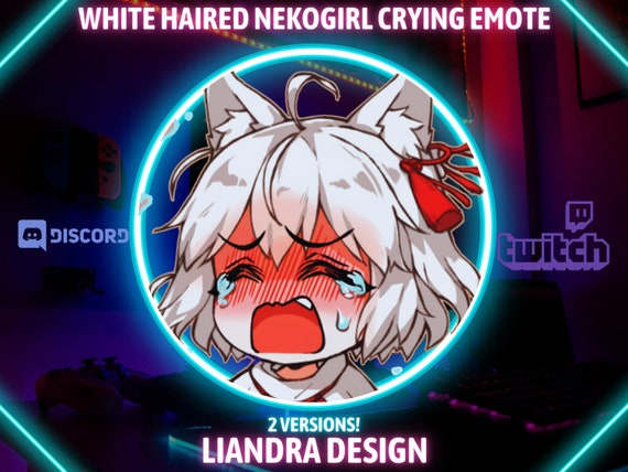 Anime White Haired Nekogirl Crying Twitch Emote / Discord / 