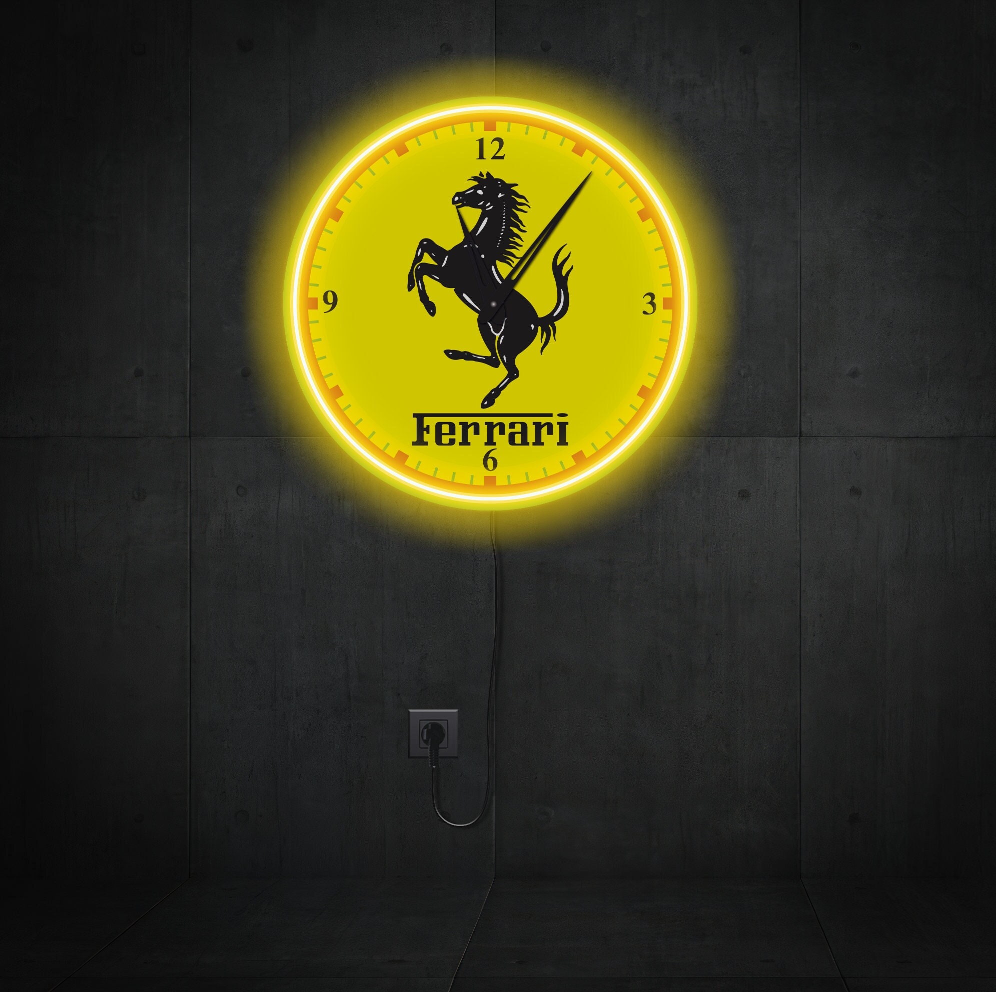 Ferrari Neon Clock, Ferrari Wall Clock, Ferrari Logo Led, Garage Wall
