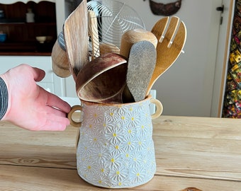 Porta utensilios de cocina con asas, diseño floral de margaritas