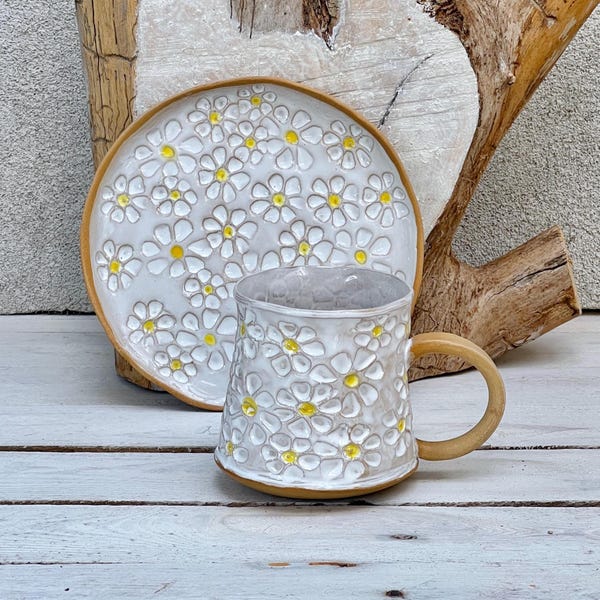 Handmade Sunny Morning Coffee Mug with Plate in Anemone Floral Pattern
