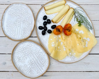 Ceramic Cheese Board Serving Set Marguerite Motif