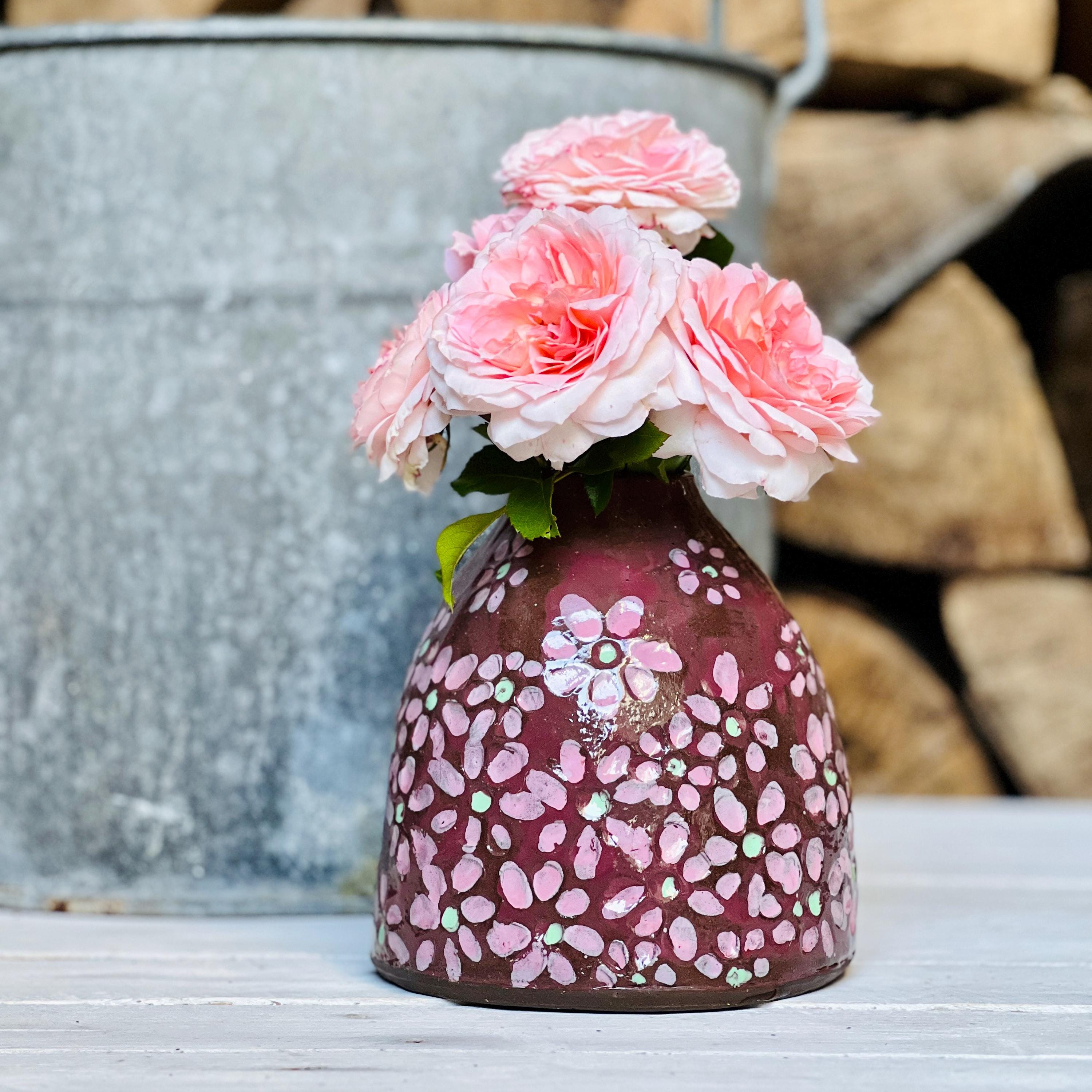 Bell Bottle Vase, Art Wildflower Textured Cherry Blossoms Motif