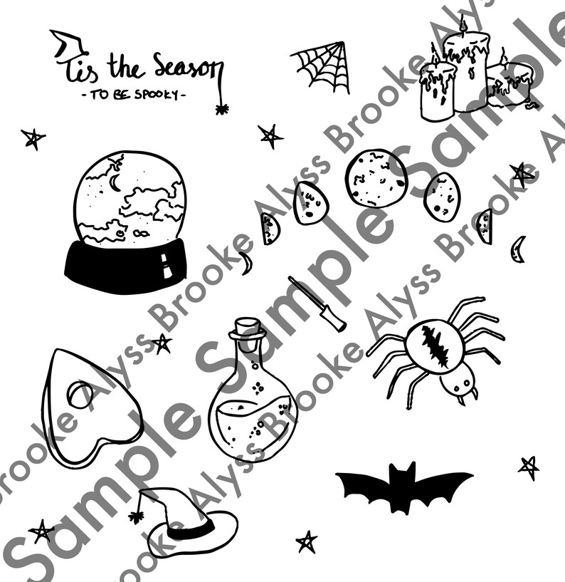 Bullet journal Halloween witchy sticker set SVG PNG Black and white Cute creepy Productivity planner Witch October set