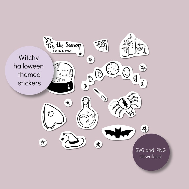 Bullet journal Halloween witchy sticker set SVG PNG Black and white Cute creepy Productivity planner Witch October set
