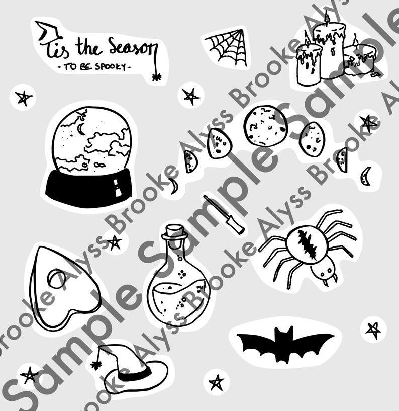 Bullet journal Halloween witchy sticker set SVG PNG Black and white Cute creepy Productivity planner Witch October set