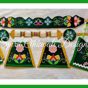 May include: A collection of handcrafted Native American accessories, including a headband, beaded barrette, and small bags. The items feature intricate floral designs in various colors on a dark green background. The text "Spirit Ohkwali Designs" is visible.