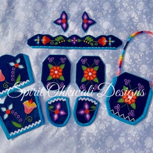 May include: A selection of beaded accessories in blue, teal, and rainbow hues. The set features a handbag, earrings, and other items, all decorated with floral patterns in orange, red, and purple. The text "Spirit Ohkwali Designs" is visible.