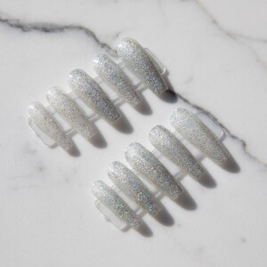 Salon Quality Hand Painted Silver Glitter Press On Nails - Sparkly False Nails  - Sparkly Glitter Coffin Nails