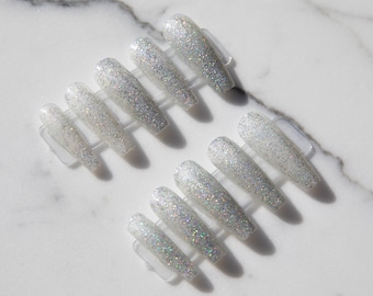 Salon Quality Hand Painted Silver Glitter Press On Nails - Sparkly False Nails  - Sparkly Glitter Coffin Nails