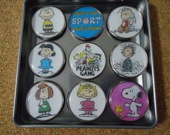 Peanuts Gang Frig Magnets Incased In Silver Bezels Charlie Brown refrigerator Magnet Include Magnetic Gift Tin For Gift Giving Snoopy Magnet