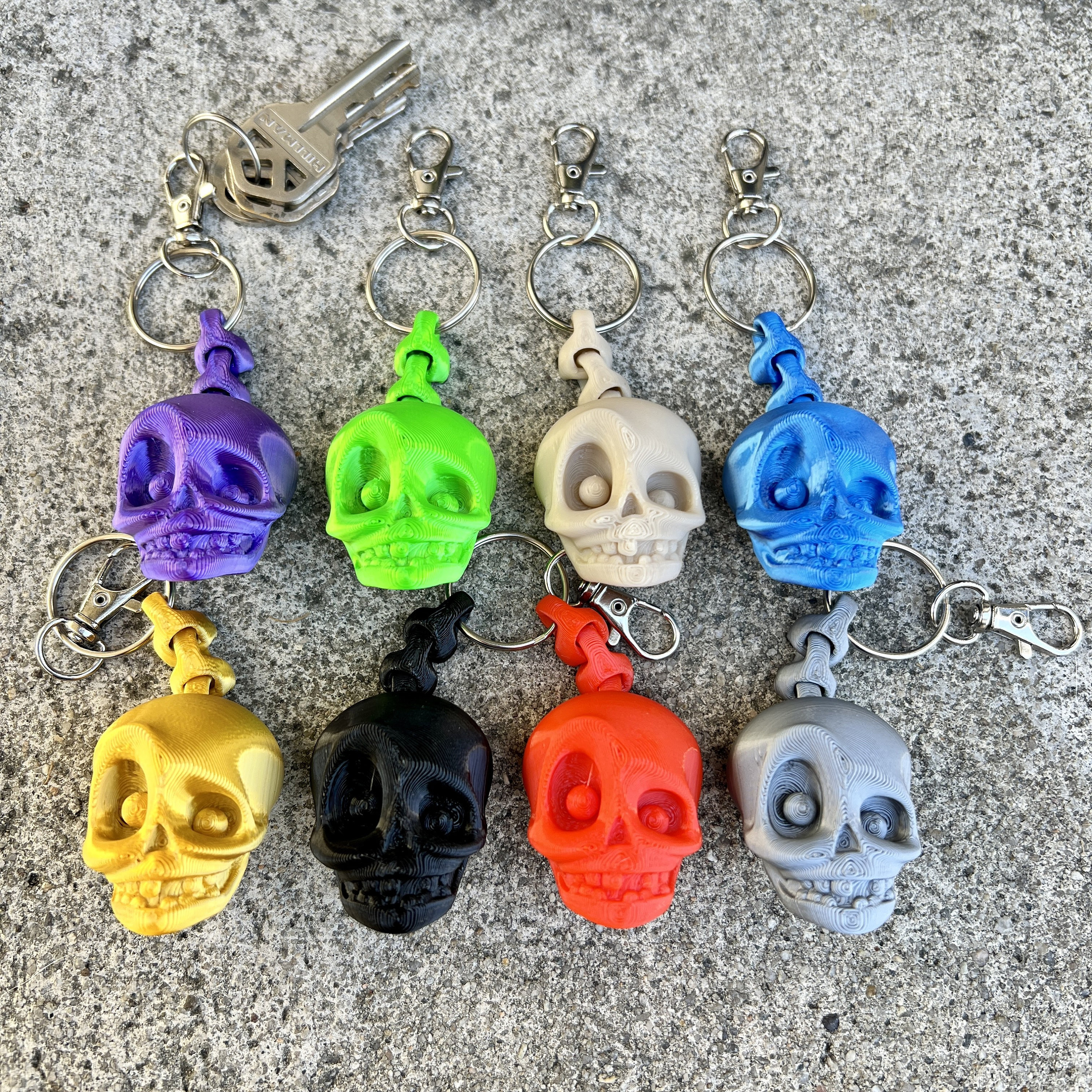 Skull Keychain Flexi Spine 3D Printed Print With 360 Metal Swivel