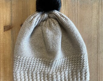 Cashmere Knit Hat Beige With Pom Pom