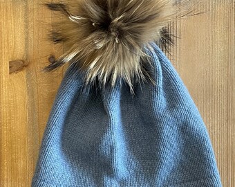 Cashmere Knit Hat Blue With Pom Pom