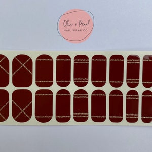 Burgundy Deco Nail Wraps | Gold Glitter Nail Polish Sticker | Nail Strips