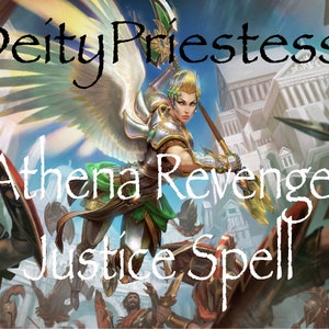 Puede incluir: Una mujer con alas y una lanza, vestida con armadura, vuela por el aire. El texto "Deity Priestess Athena Revenge Justice Spell" est&aacute; escrito en blanco sobre un fondo azul.