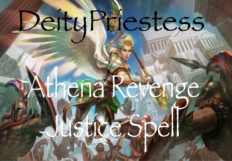 Puede incluir: Una mujer con alas y una lanza, vestida con armadura, vuela por el aire. El texto "Deity Priestess Athena Revenge Justice Spell" est&aacute; escrito en blanco sobre un fondo azul.