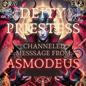 Może przedstawiać: Cyfrowa ilustracja demona o ciemnych włosach i czerwonych oczach, z rogami, ubrana w czerwoną i czarną szatę. Tekst "DEITY PRIESTESS" znajduje się nad demonem, a tekst "CHANNELED MESSAGE FROM ASMODEUS" pod demonem.
