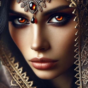 Puede incluir: Primer plano de una mujer con cabello oscuro y ojos naranjas llamativos. Lleva una diadema dorada con una gran gema roja y un colgante de lágrima a juego. Un velo dorado enmarca su rostro, creando una apariencia exótica y elegante.